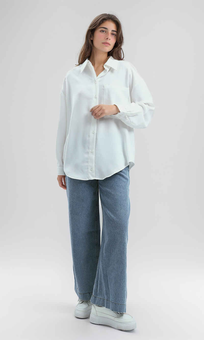 قميص طويل أبيض صيفي بياقة مطوية