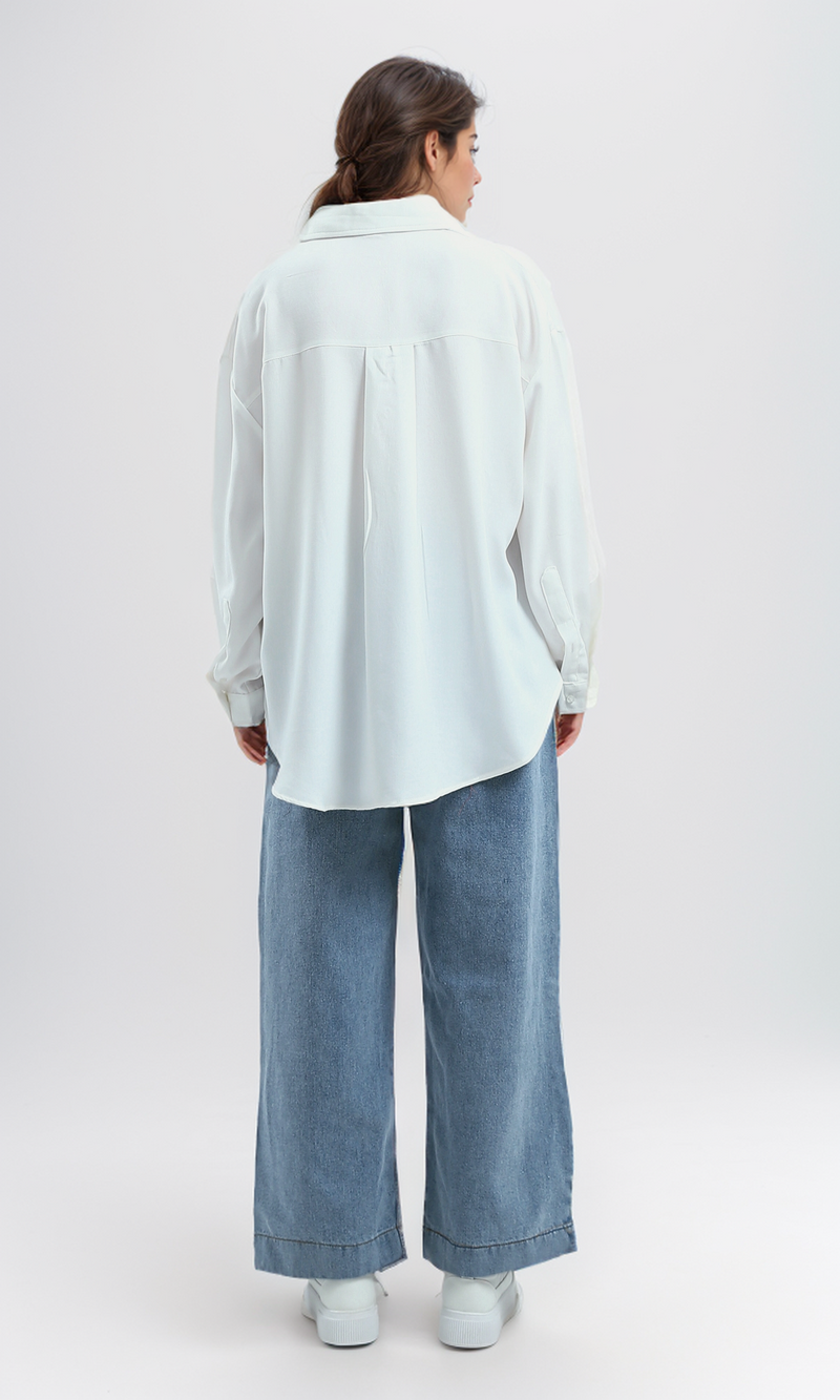 قميص طويل أبيض صيفي بياقة مطوية