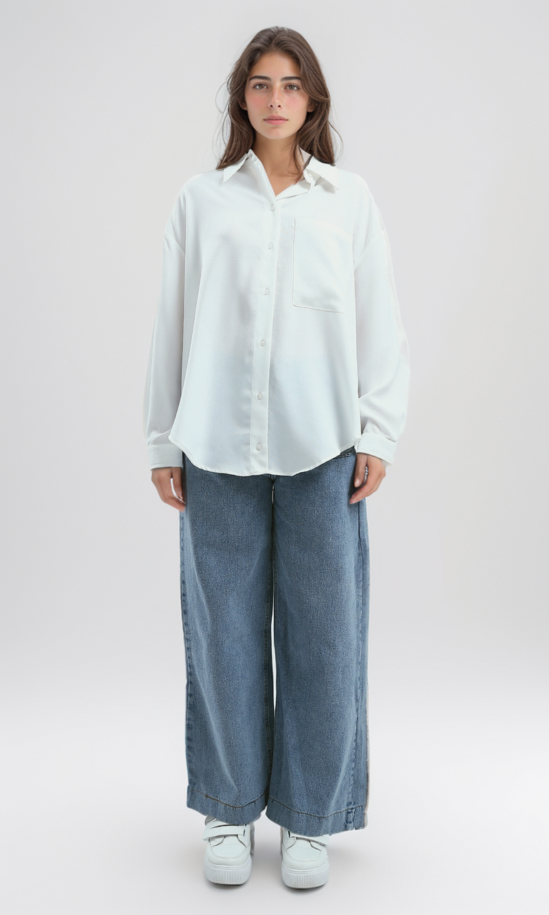 قميص طويل أبيض صيفي بياقة مطوية