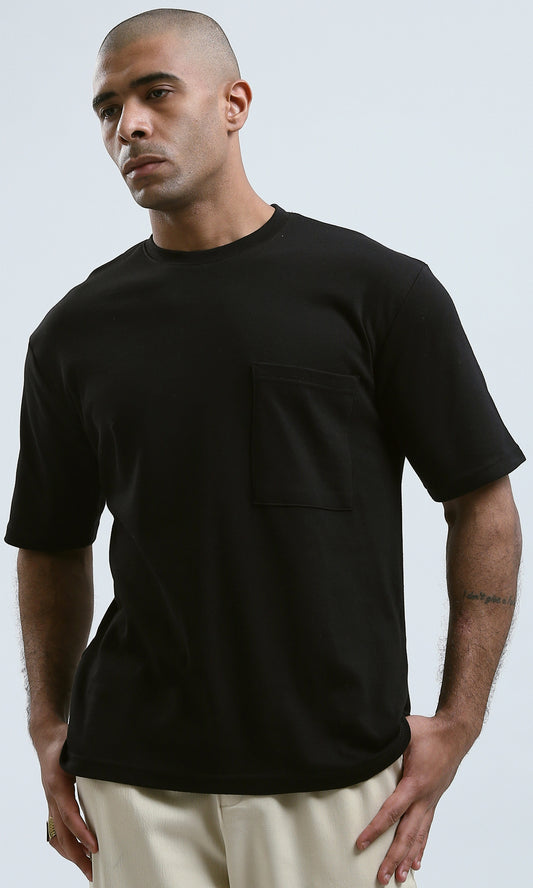 O190114 Relaxed Fit Elbow Sleeves Black Casual Tee With Pocket