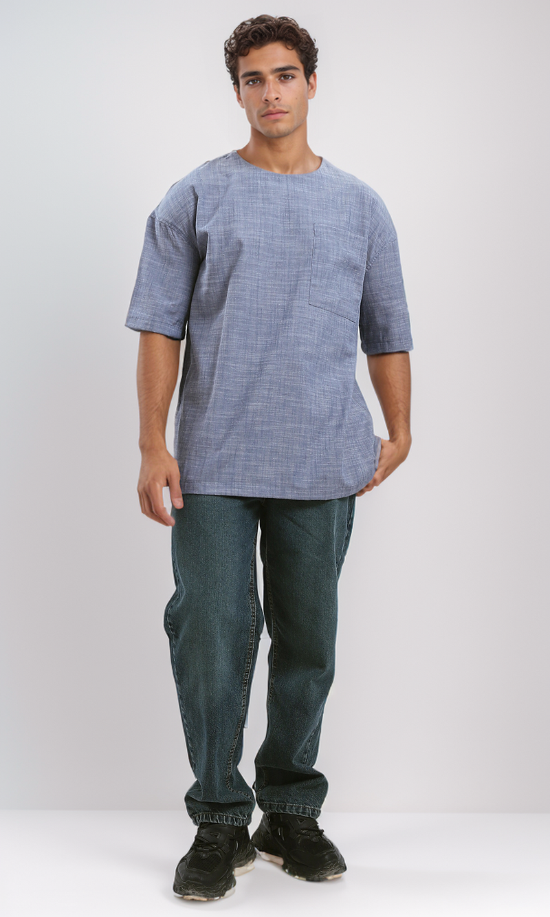 O190120 Relaxed Slip On Tee With Front Pocket - Heather Navy Blue