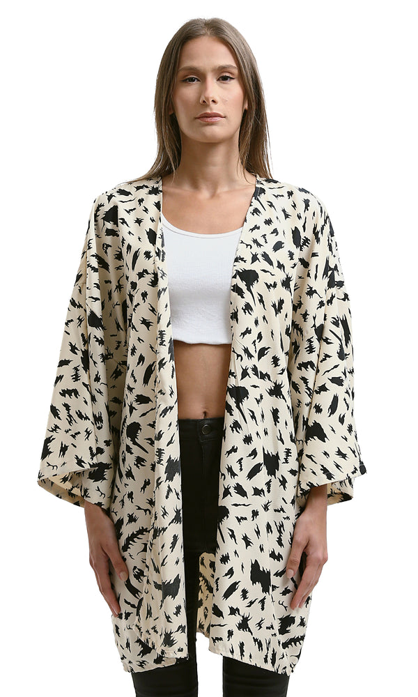 O190123 Beige & Black Patterned Slip On Summer Kimono