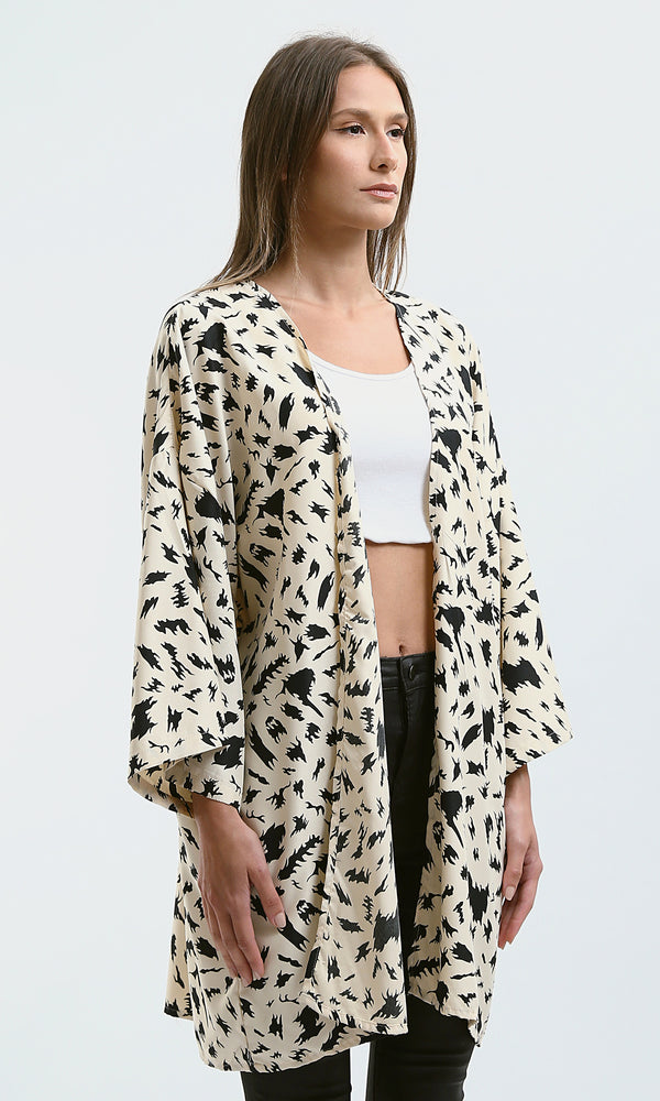 O190123 Beige & Black Patterned Slip On Summer Kimono