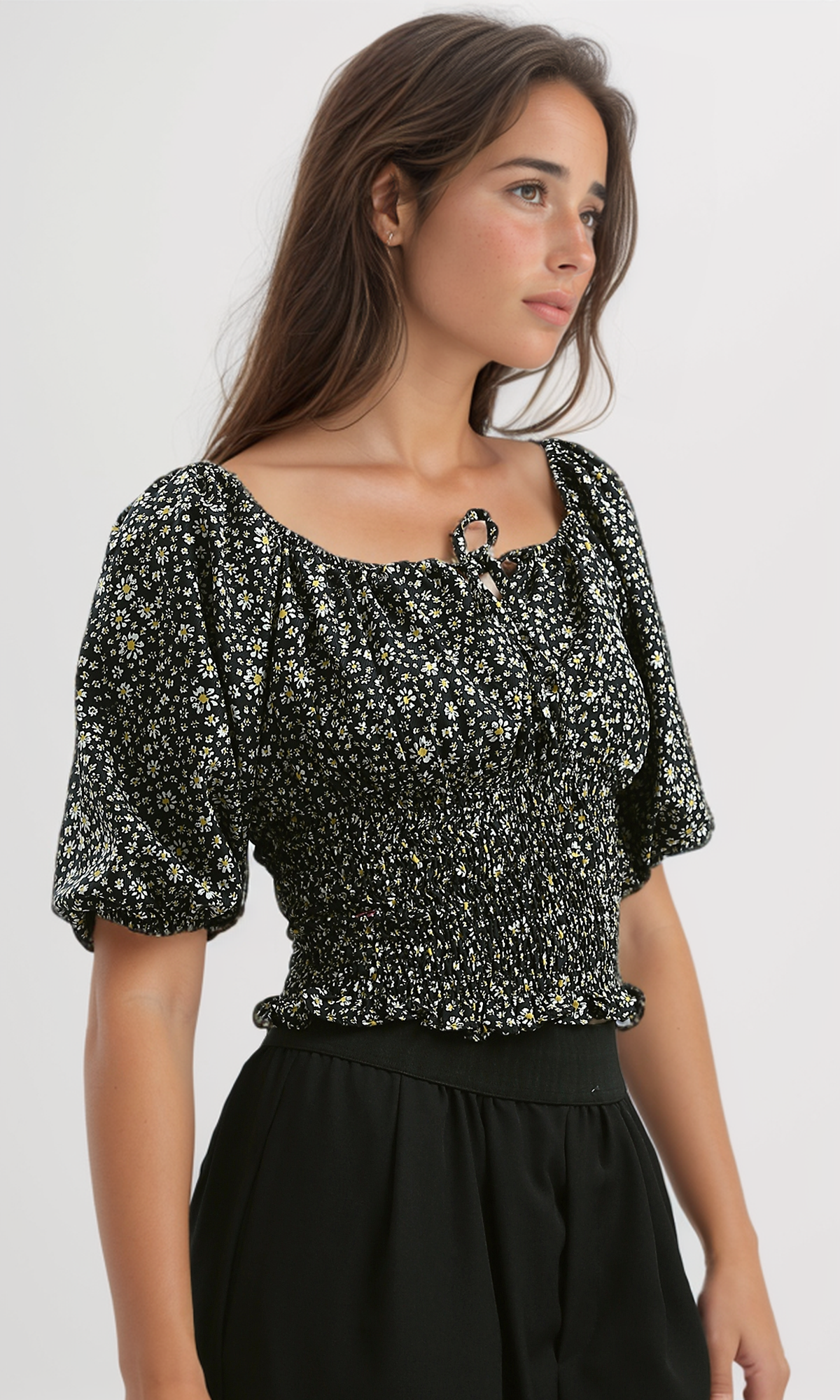 O190139 Feminine Floral Elastic Crop Top - Black