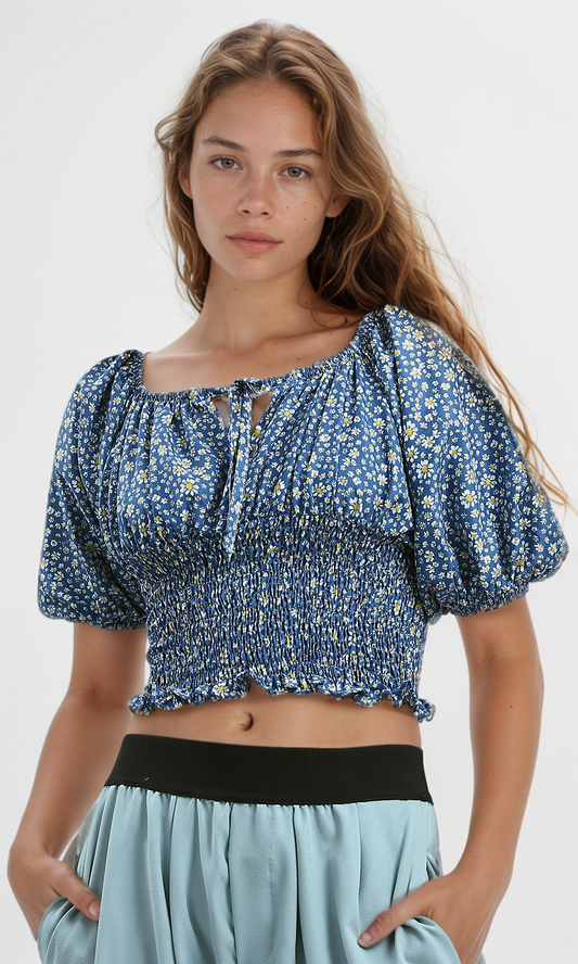 O190140 Off-Shoulders Feminine Blue Elastic Top