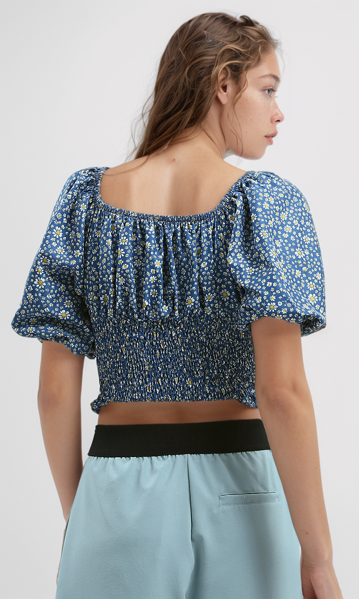 O190140 Off-Shoulders Feminine Blue Elastic Top