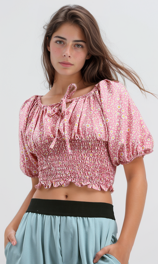 O190142 White & Pink Slip On Floral Summer Crop Top