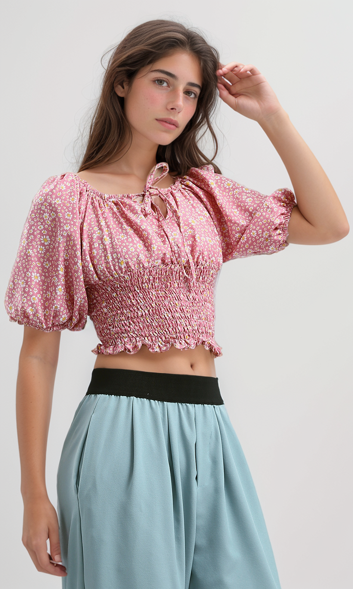 O190142 White & Pink Slip On Floral Summer Crop Top