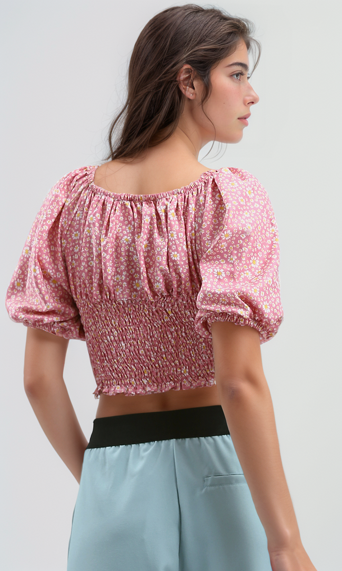 O190142 White & Pink Slip On Floral Summer Crop Top