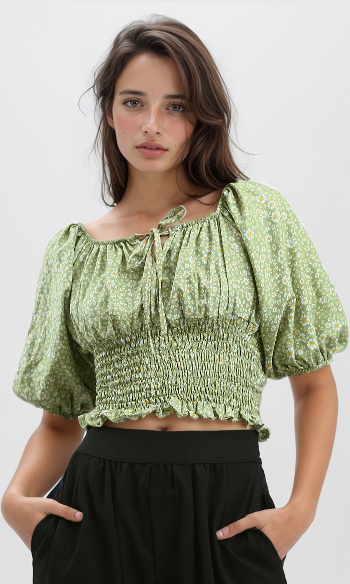 O190143 Off-Shoulder Elastic Top With Flowers Slip On Multicolour