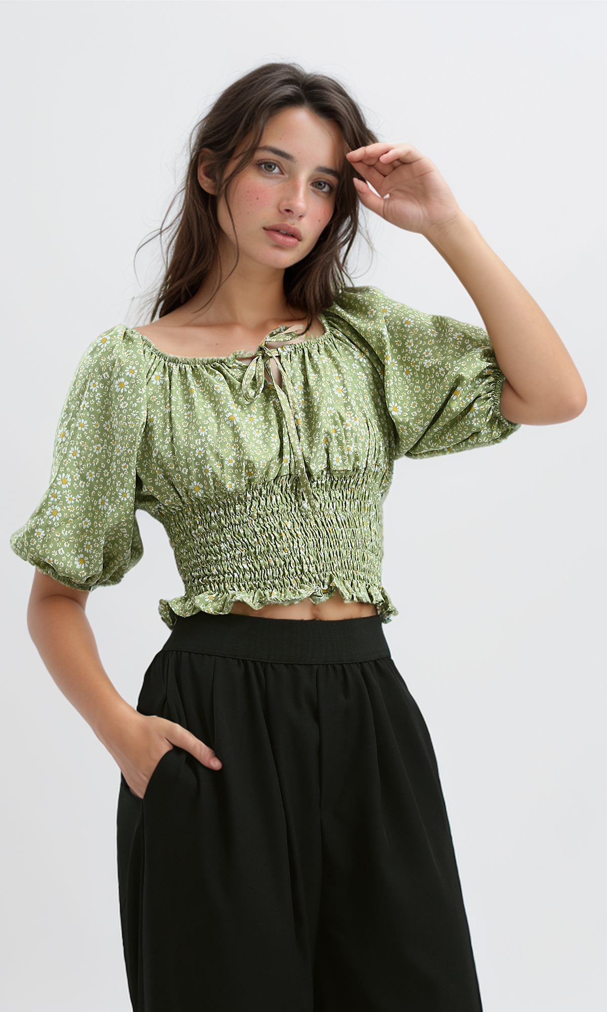 O190143 Off-Shoulder Elastic Top With Flowers Slip On Multicolour