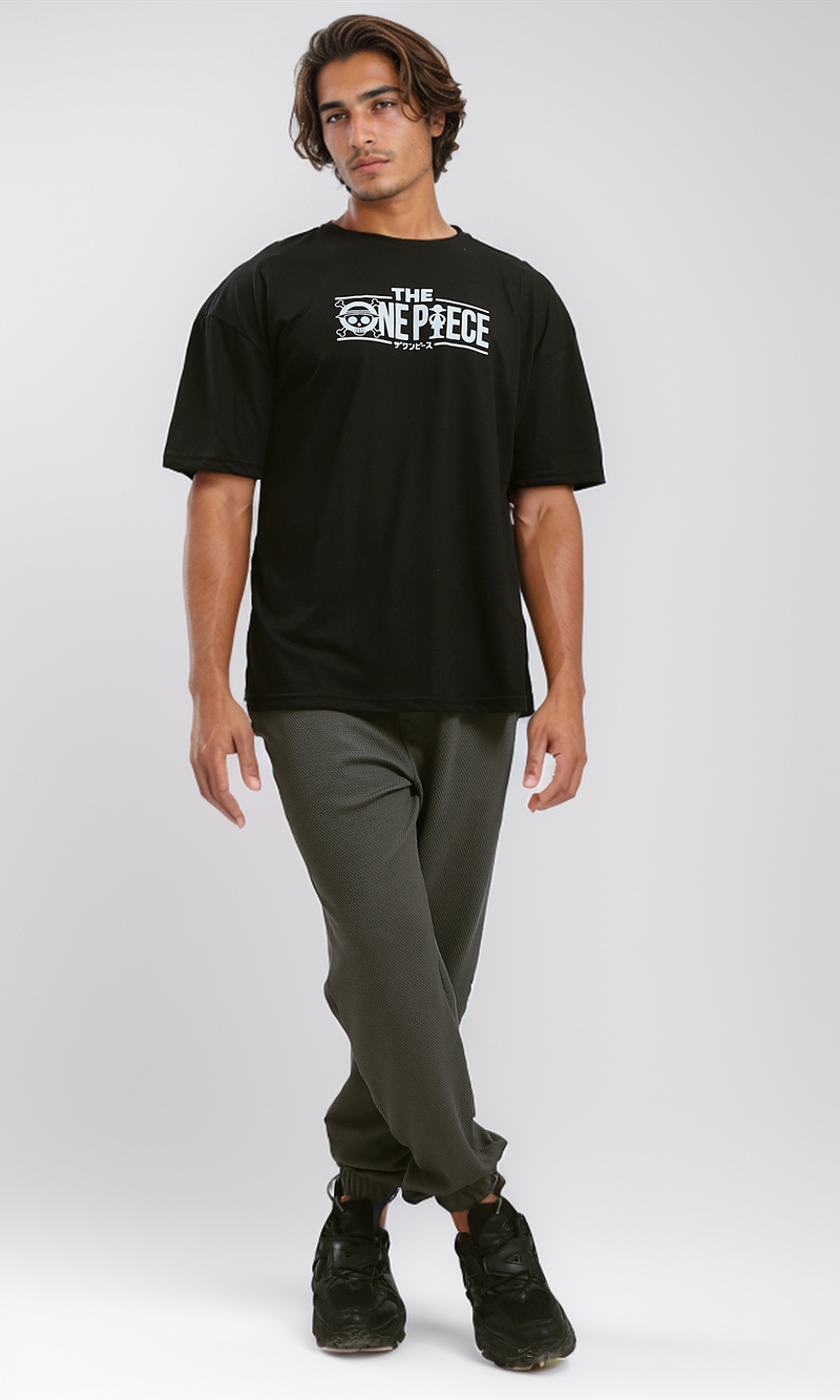 تي شيرت قطن سهل الارتداء بأكمام للكوع - أسود