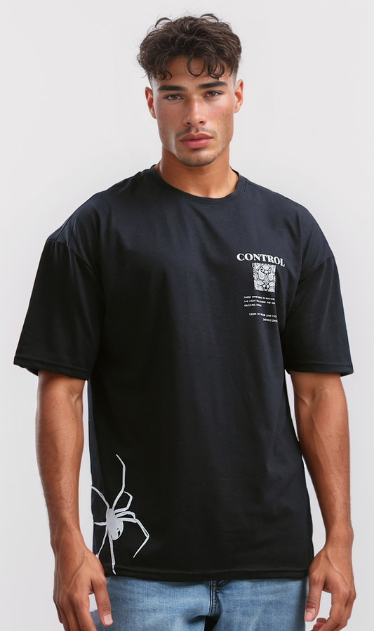 O190163 Printed "Control" Slip On Summer Tee - Black