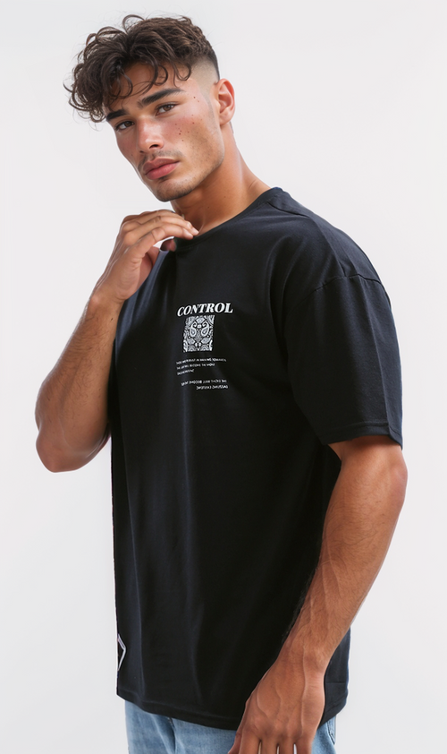 O190163 Printed "Control" Slip On Summer Tee - Black
