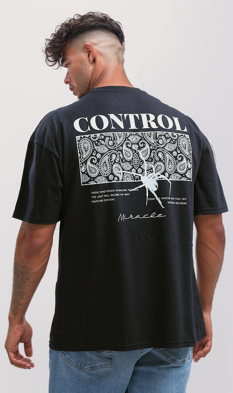 O190163 Printed "Control" Slip On Summer Tee - Black