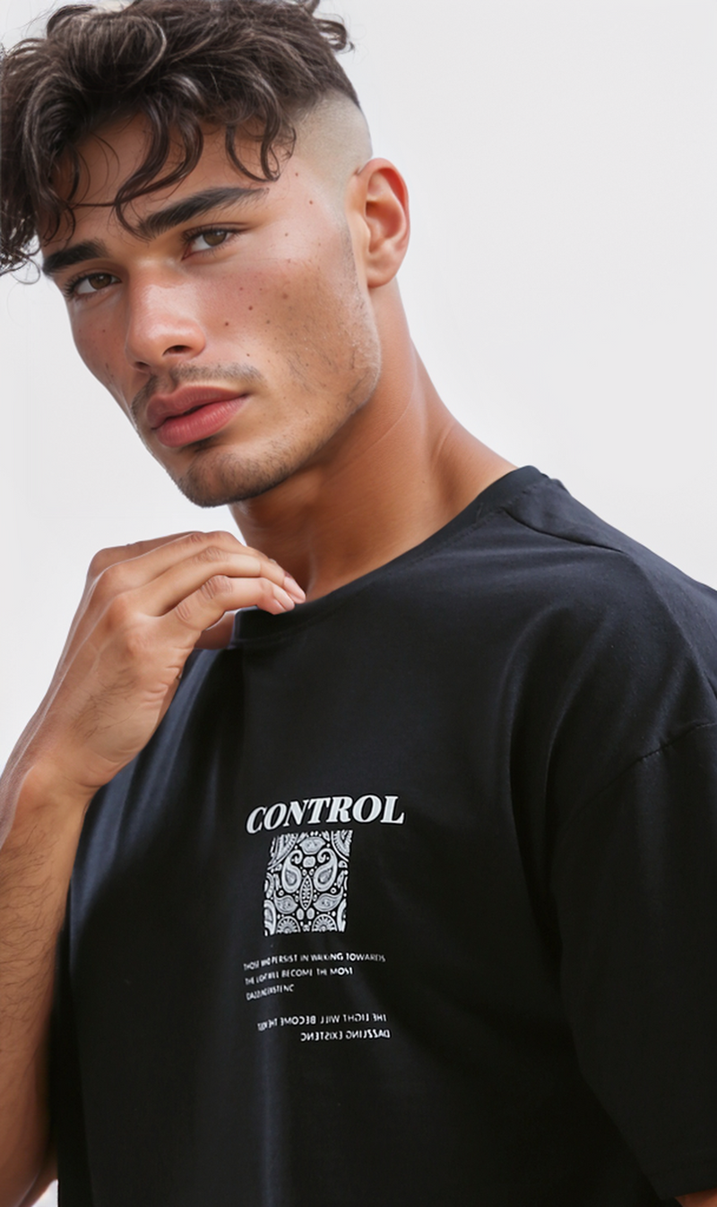 O190163 Printed "Control" Slip On Summer Tee - Black