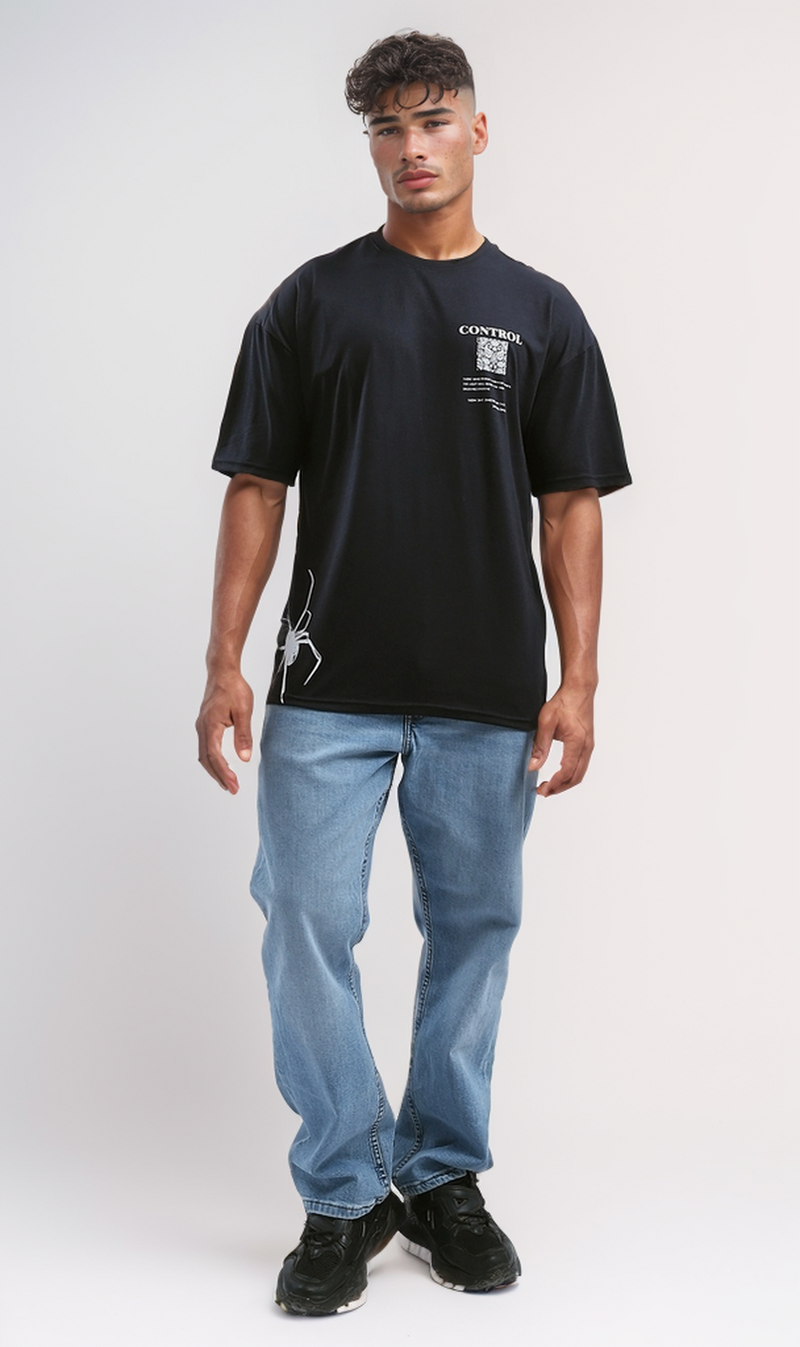 O190163 Printed "Control" Slip On Summer Tee - Black