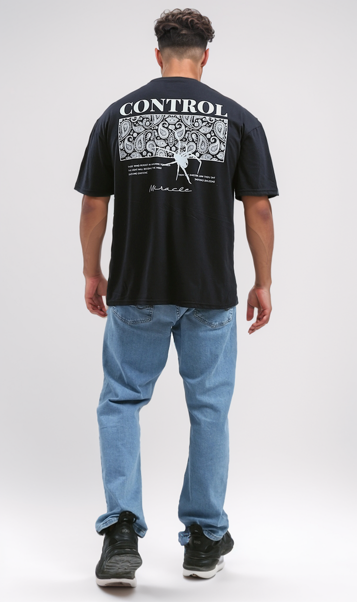O190163 Printed "Control" Slip On Summer Tee - Black