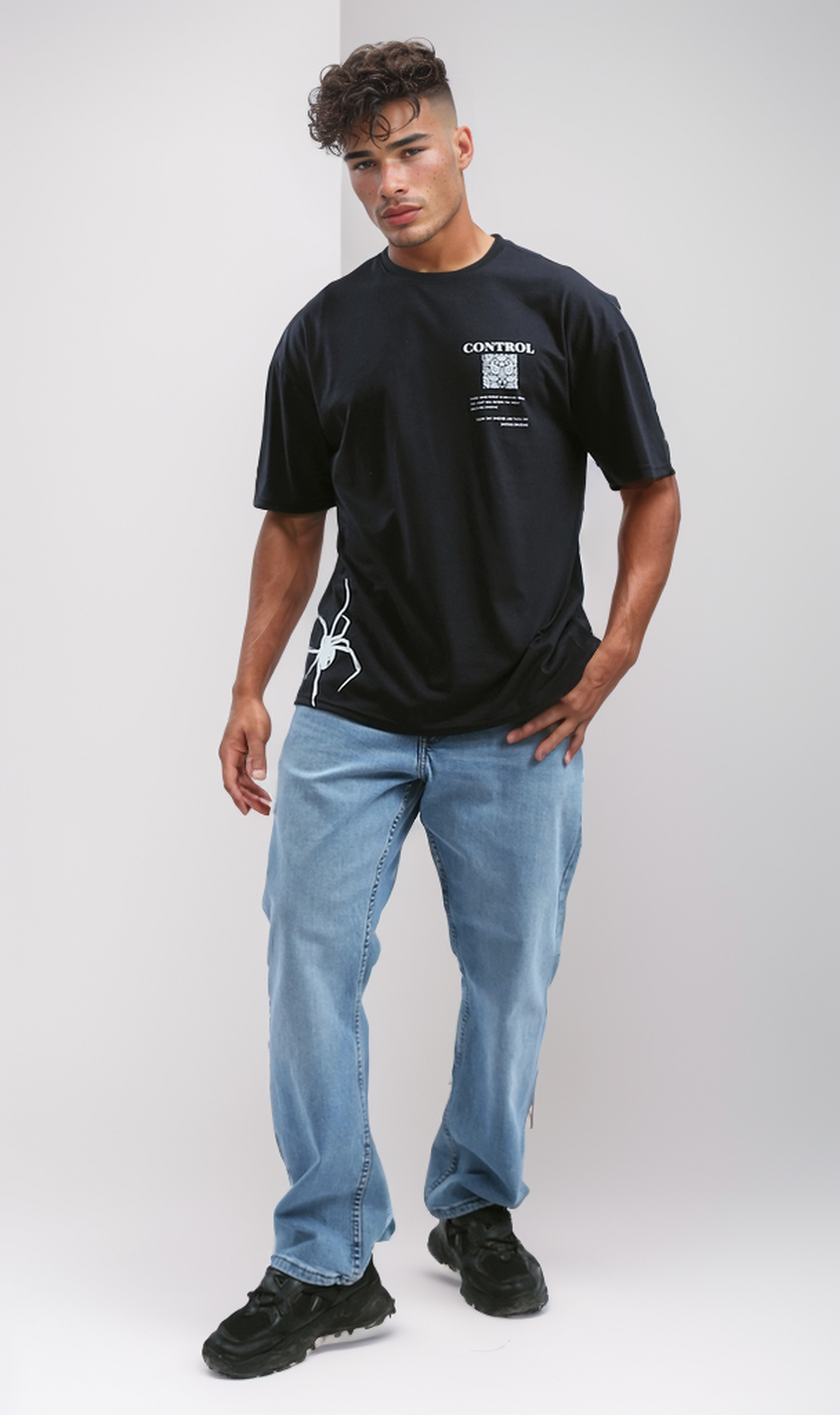 O190163 Printed "Control" Slip On Summer Tee - Black
