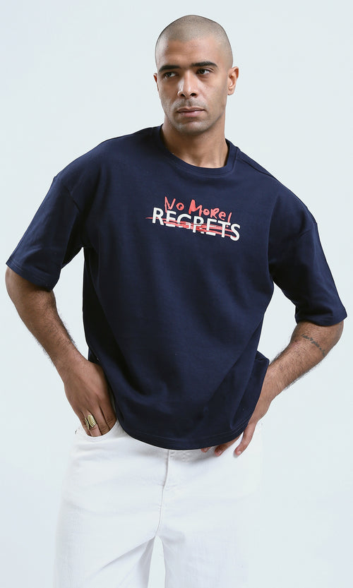 o190189 - Navy Front Print Cotton Casual Tee With Elbow Sleeves