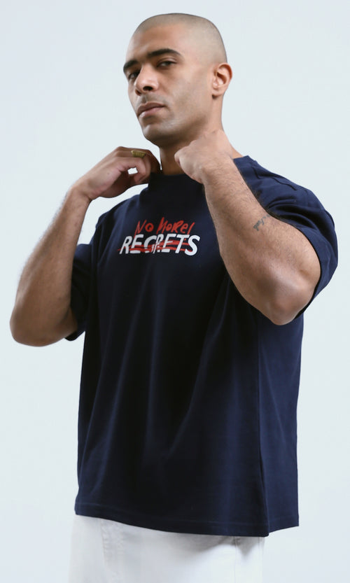 o190189 - Navy Front Print Cotton Casual Tee With Elbow Sleeves