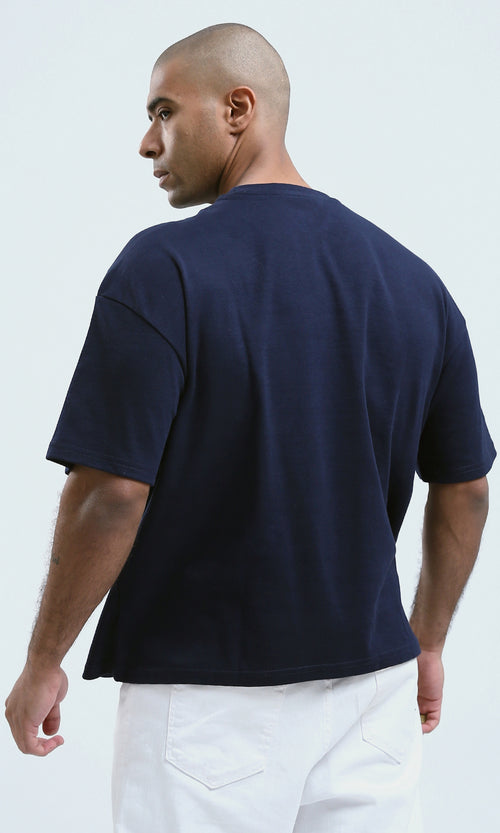 o190189 - Navy Front Print Cotton Casual Tee With Elbow Sleeves