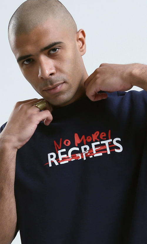 o190189 - Navy Front Print Cotton Casual Tee With Elbow Sleeves