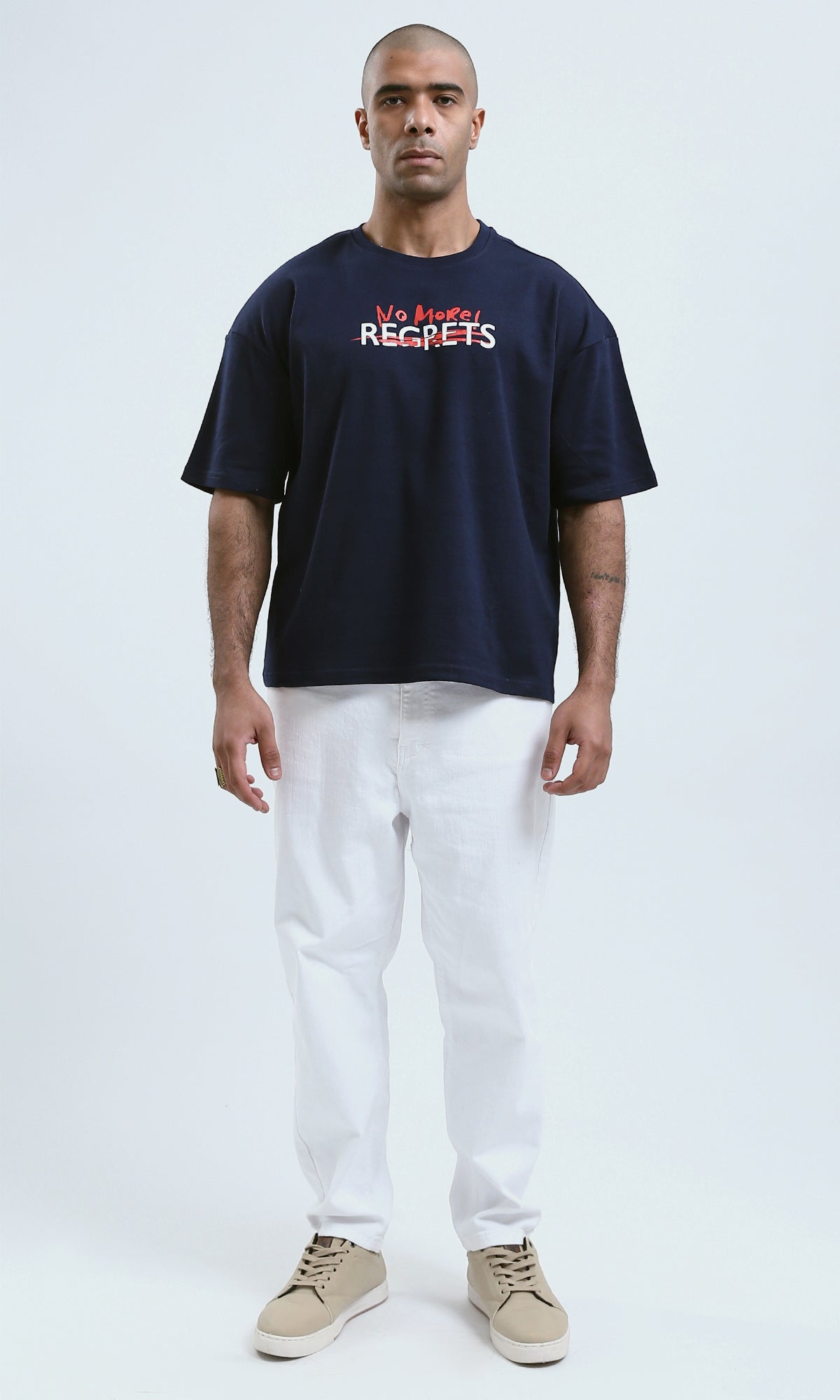 o190189 - Navy Front Print Cotton Casual Tee With Elbow Sleeves