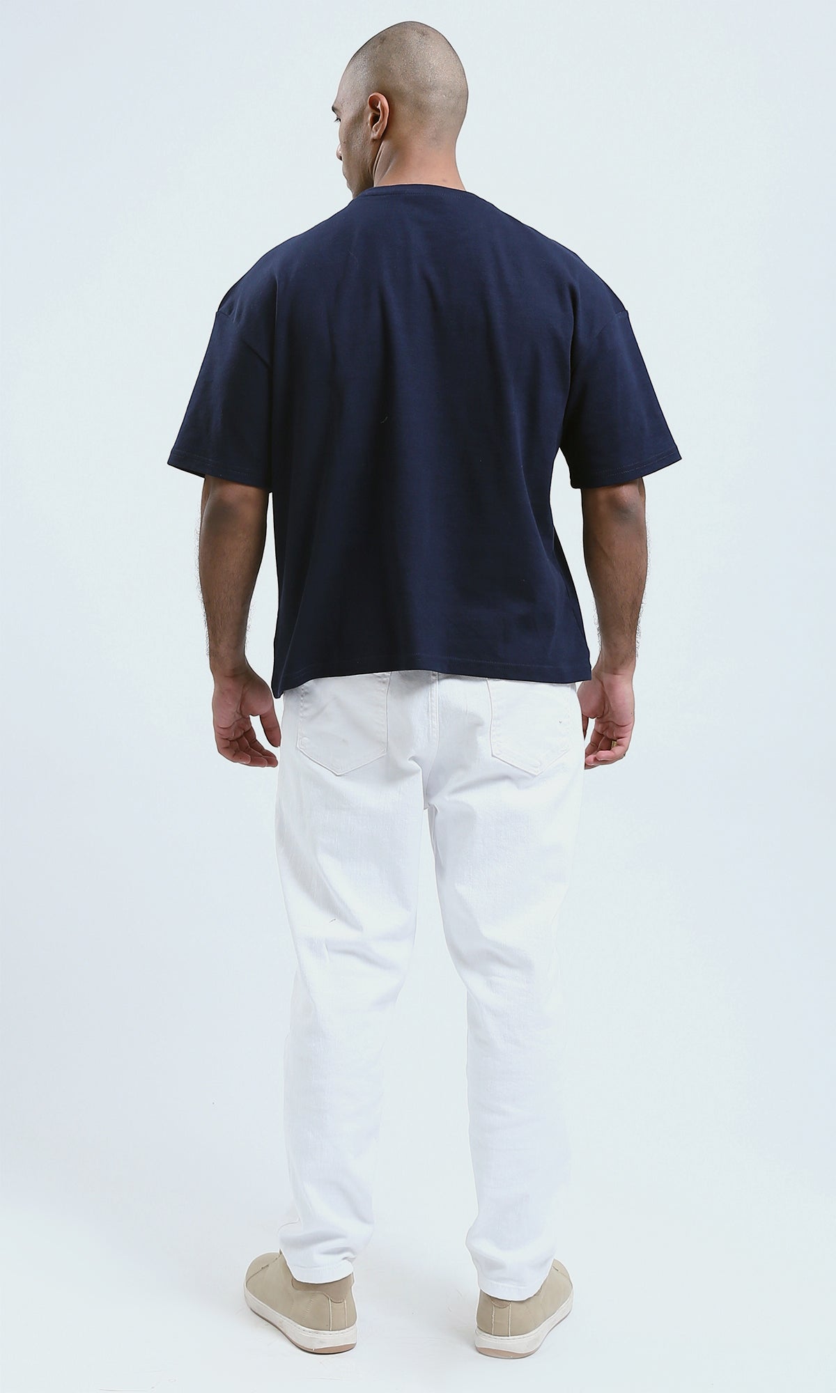o190189 - Navy Front Print Cotton Casual Tee With Elbow Sleeves