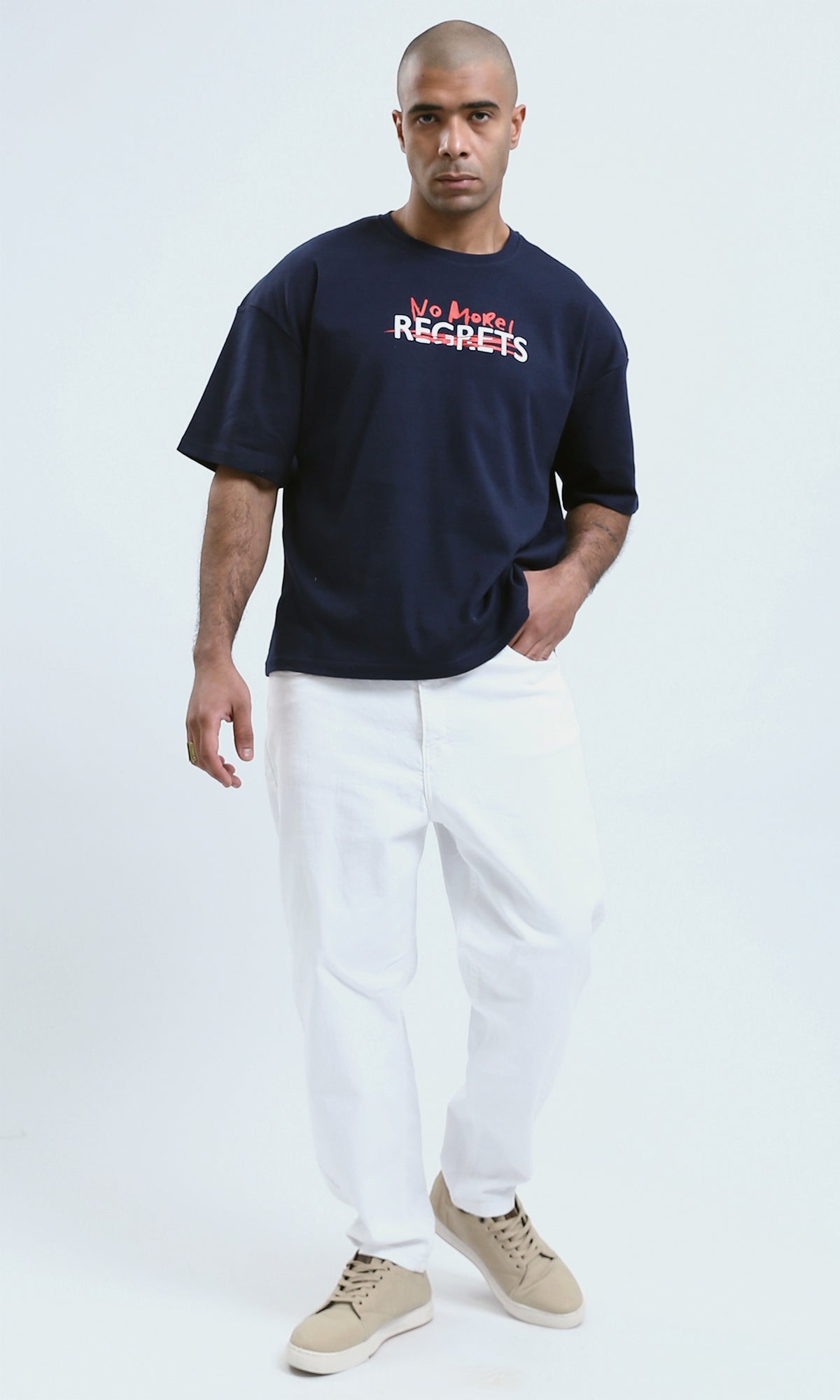 o190189 - Navy Front Print Cotton Casual Tee With Elbow Sleeves