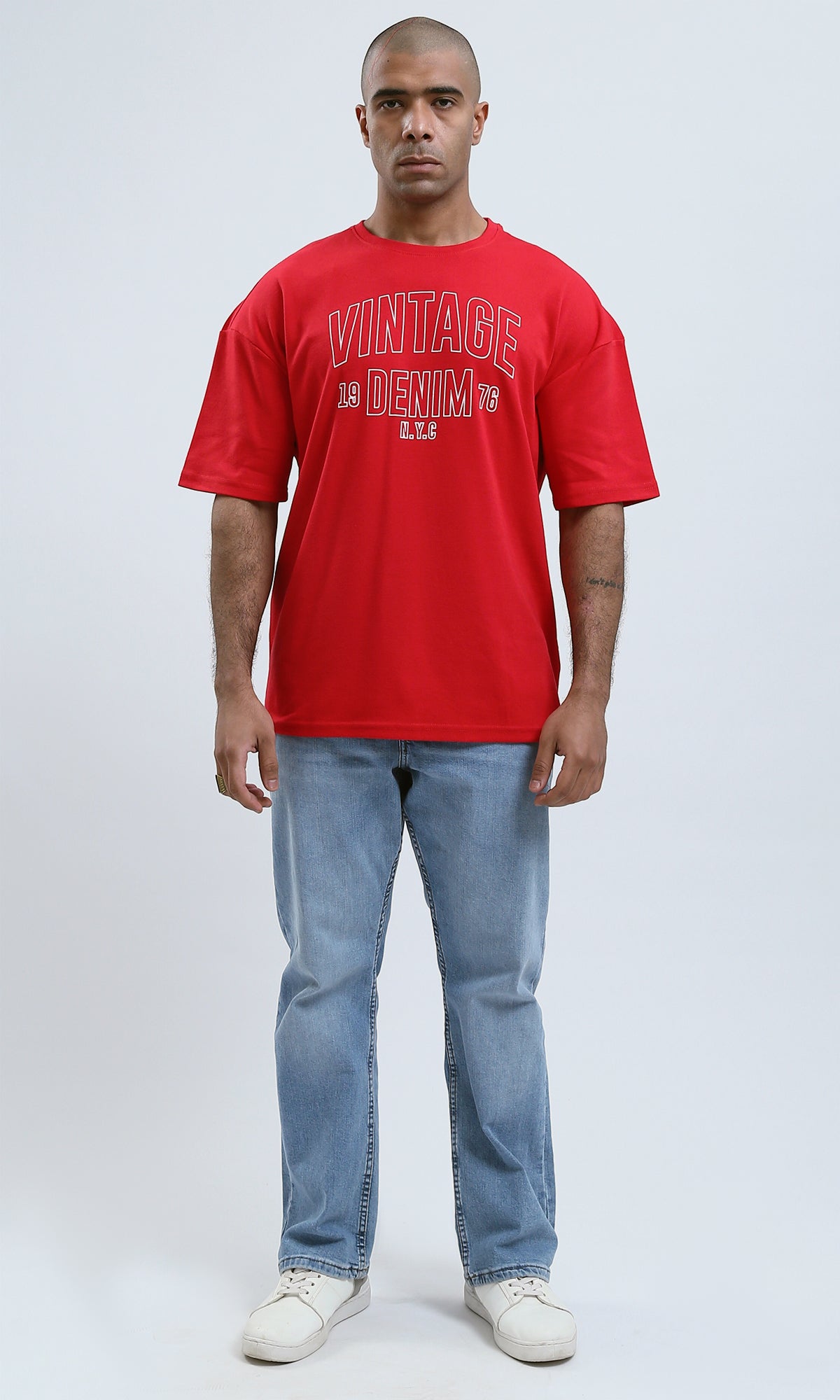 O190192 Relaxed Fit Printed Red Tee With Elbow Sleeves