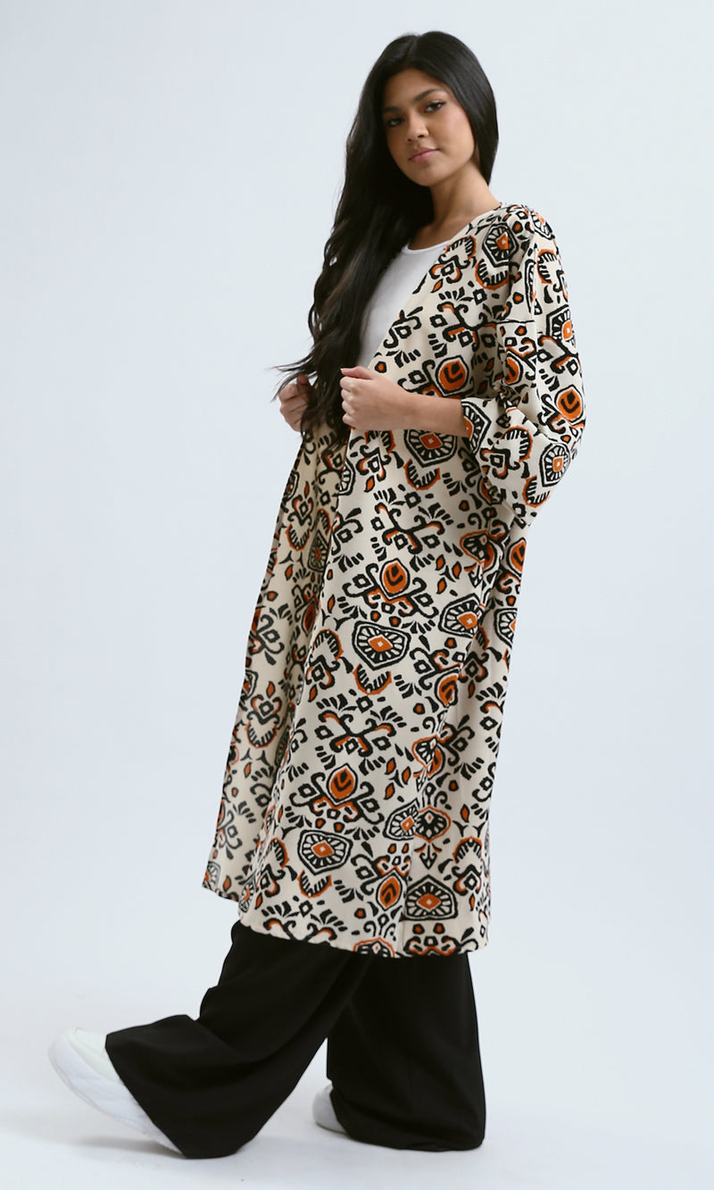O190343 3/4 Sleeves Loose Fit Patterned Cardigan - Orange & Beige