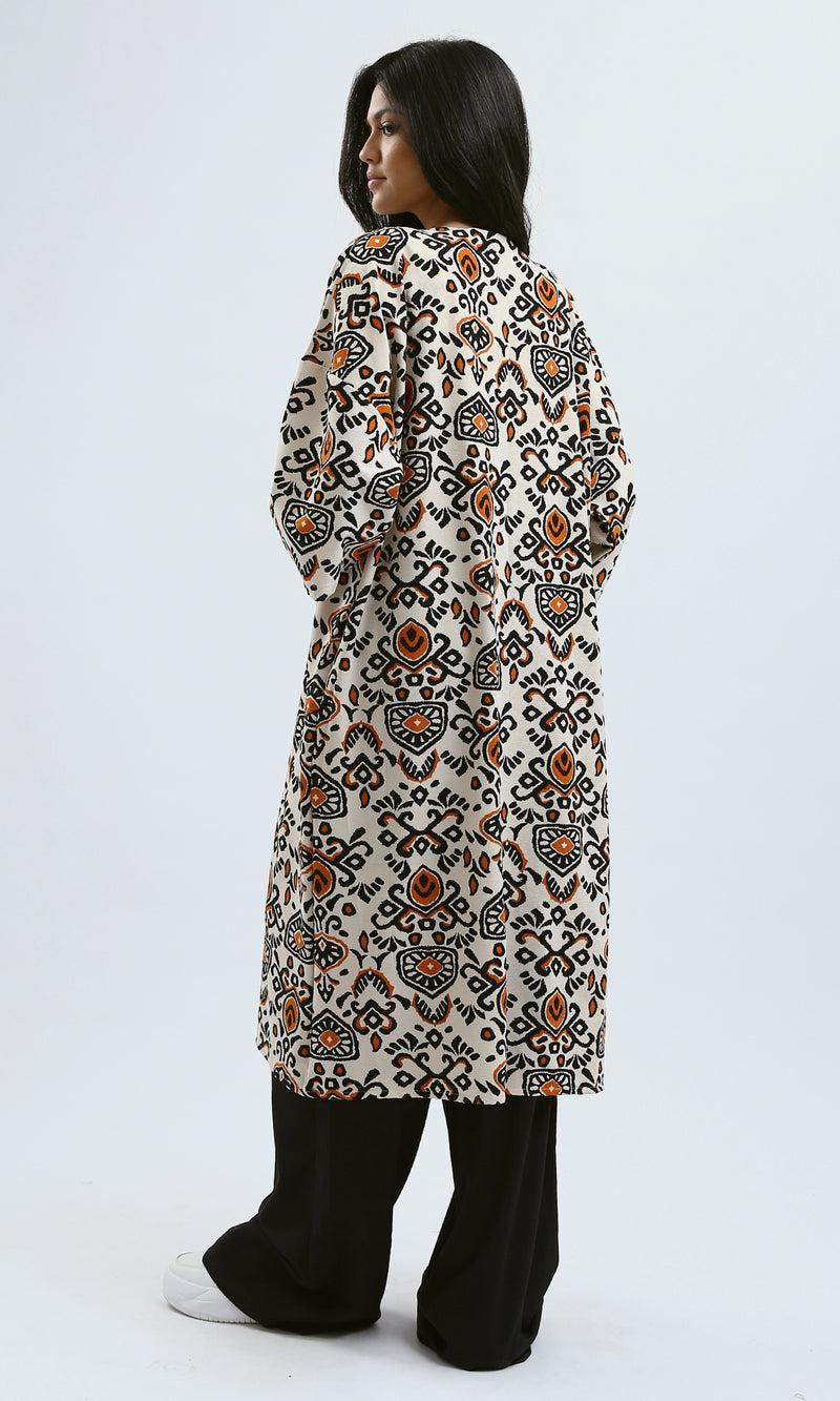 O190343 3/4 Sleeves Loose Fit Patterned Cardigan - Orange & Beige