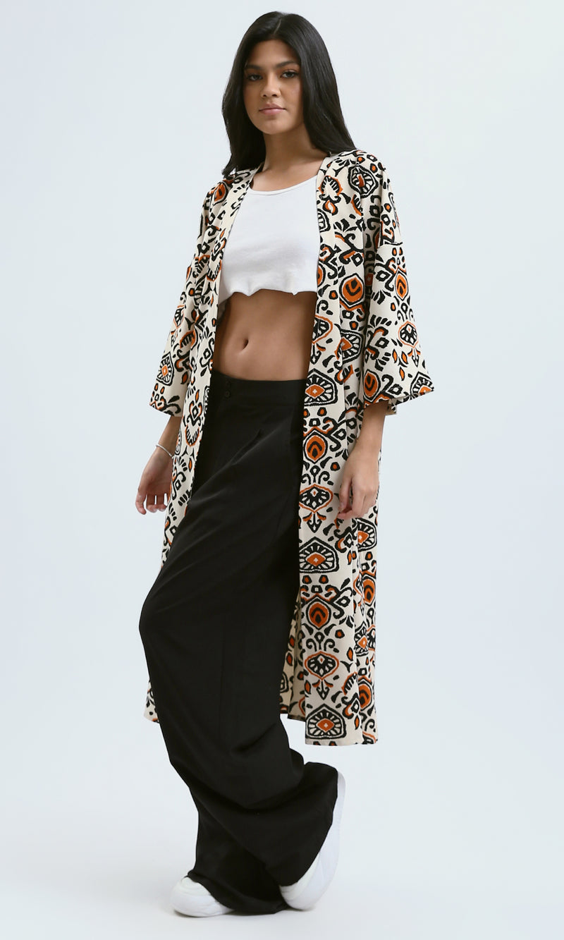 O190343 3/4 Sleeves Loose Fit Patterned Cardigan - Orange & Beige