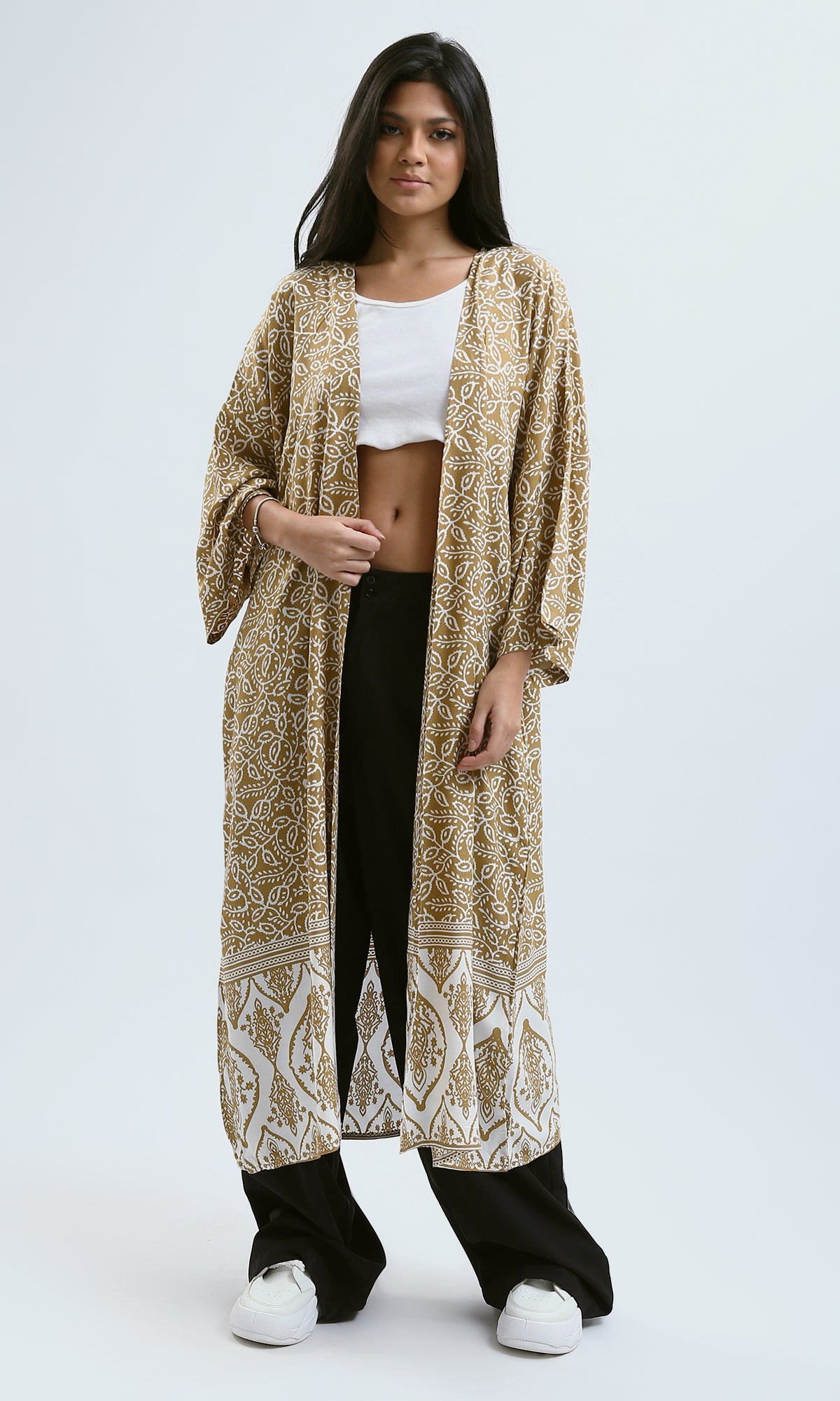 O190346 Dark Camel & White Lightweight Slip-On Cardigan