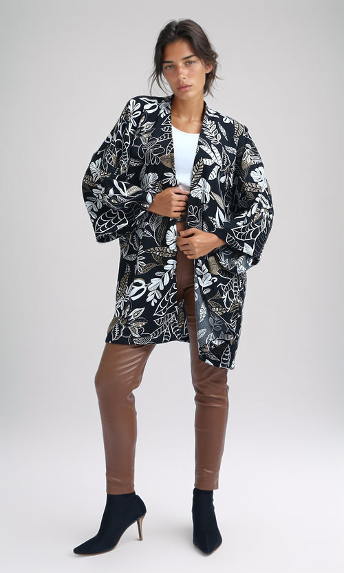 Monochrome Botanical Print Oversized Kimono Cardigan - O190348