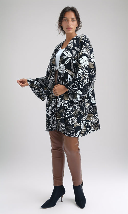 Monochrome Botanical Print Oversized Kimono Cardigan - O190348