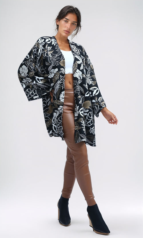 Monochrome Botanical Print Oversized Kimono Cardigan - O190348