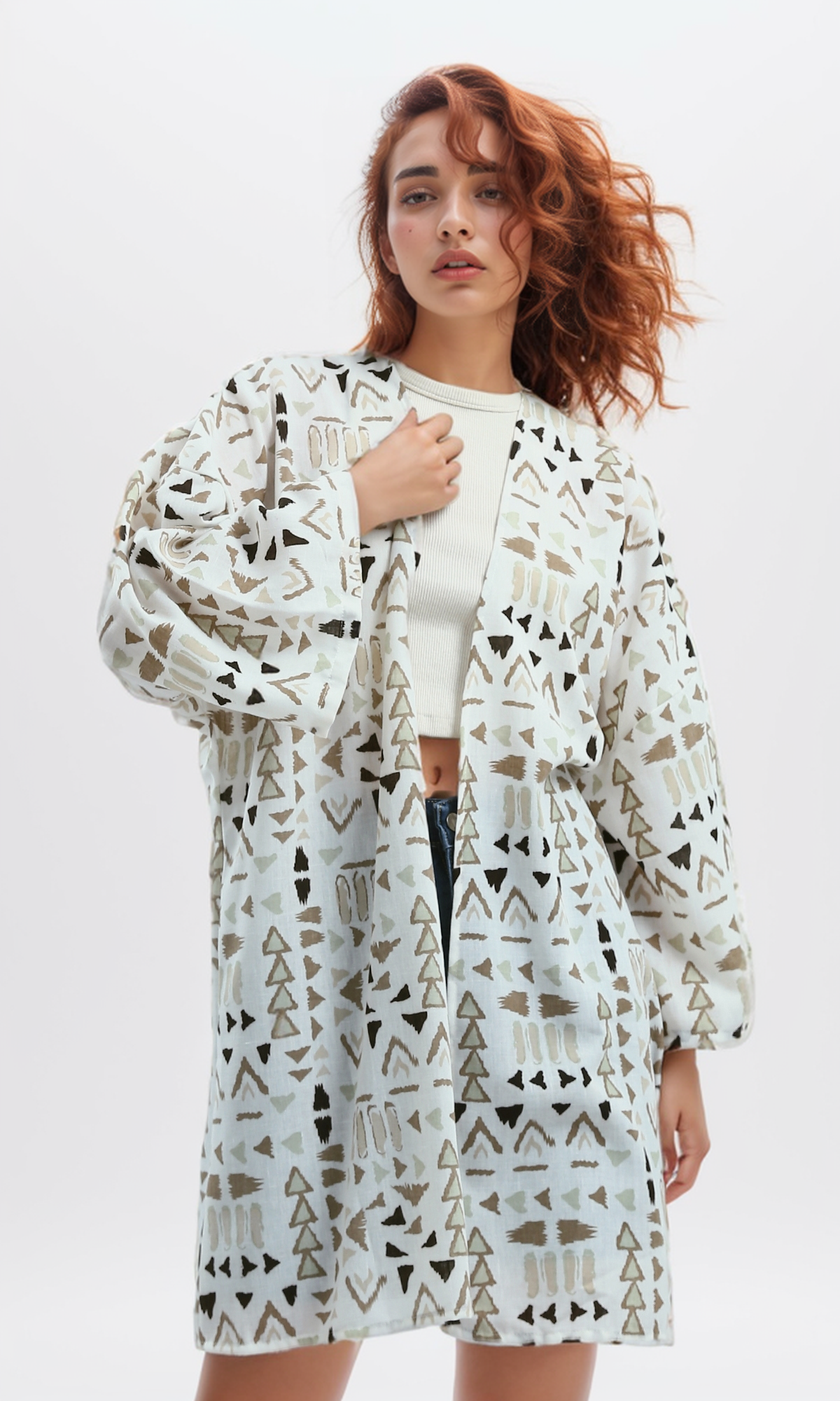 O190349 Patterned Black & Beige Loose Fit Kimono