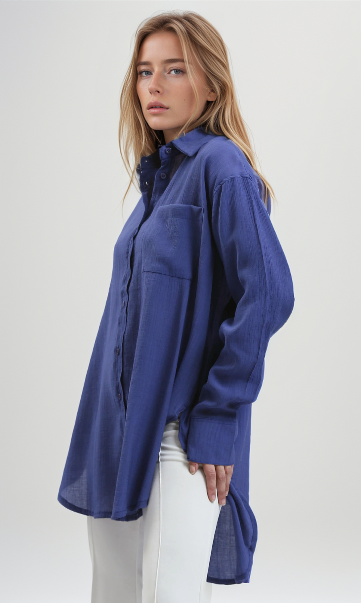 O190353 Loose Dark Blue Buttoned Blue Shirt