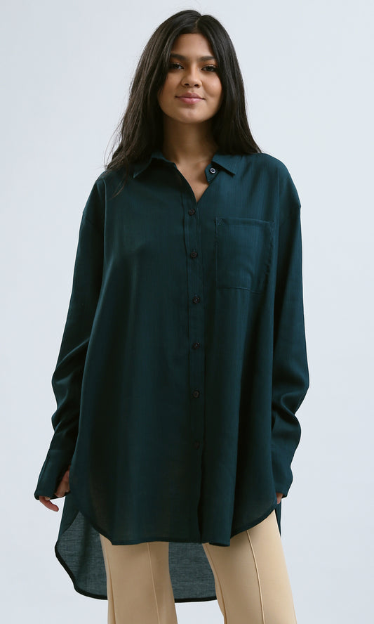 O190357 Long Sleeves Loose Fit Teal Green Shirt With Pocket
