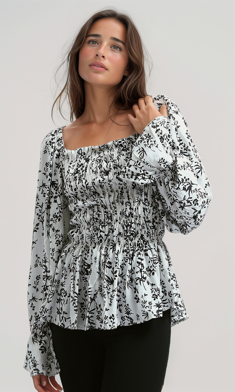 O190362 Square Neck Puff Sleeve With Ruffle Buttoms - Multicolor