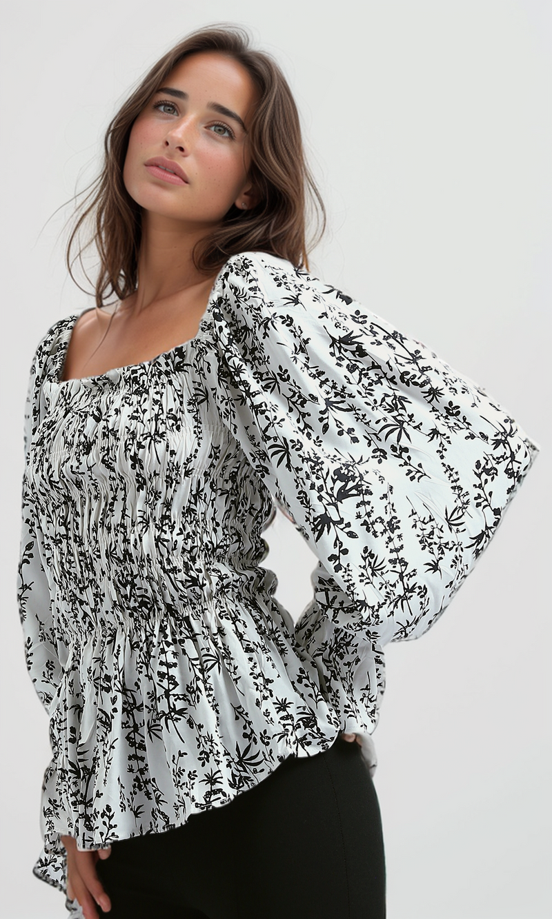 O190362 Square Neck Puff Sleeve With Ruffle Buttoms - Multicolor