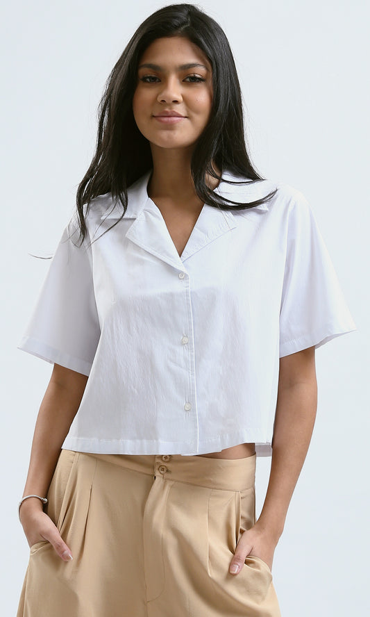 O190369 White Short Sleeves Shirt With Classic Collar