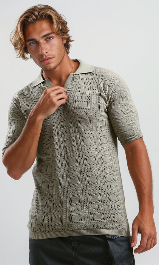 O190381 V Neck Beige Knitted Polo Shirt