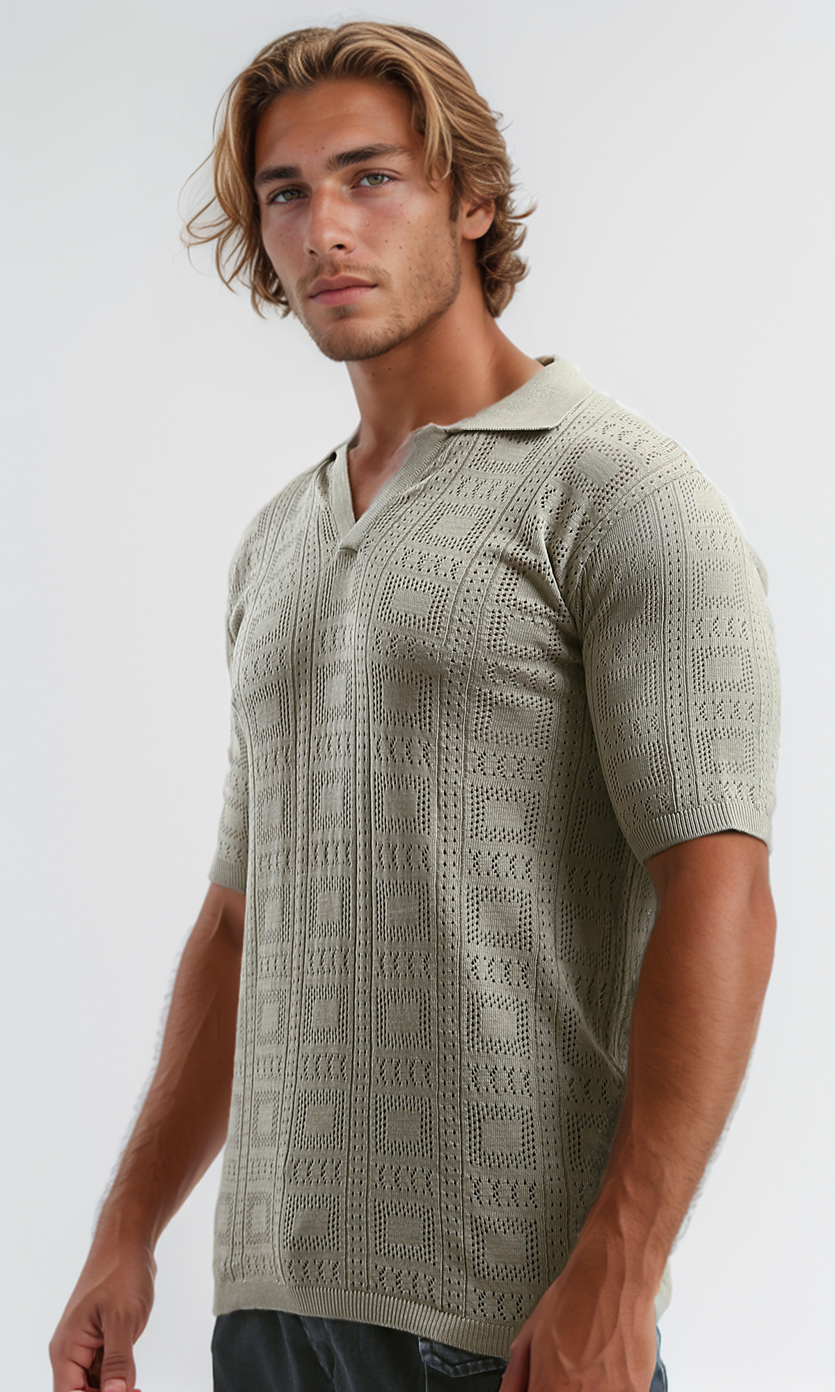 O190381 V Neck Beige Knitted Polo Shirt