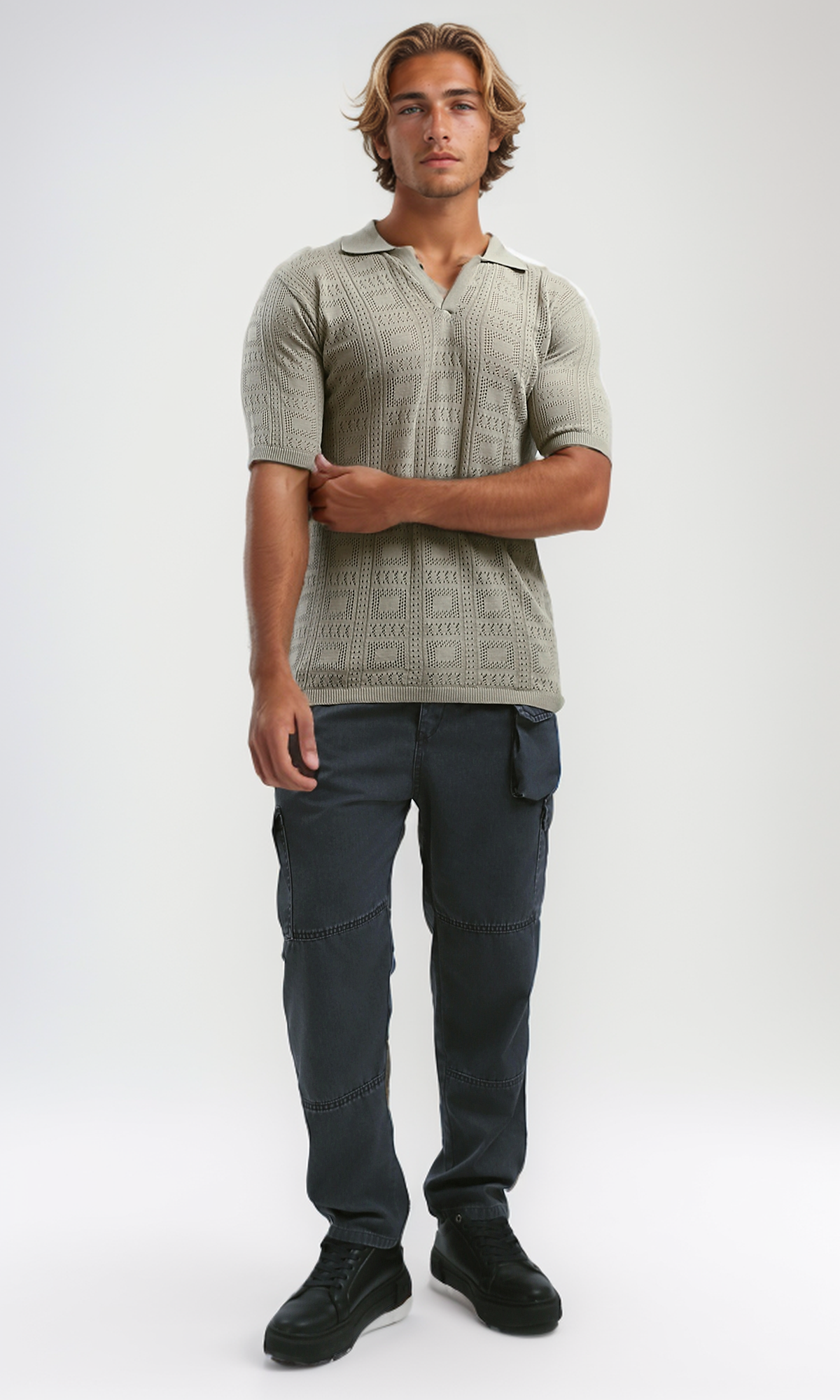 O190381 V Neck Beige Knitted Polo Shirt