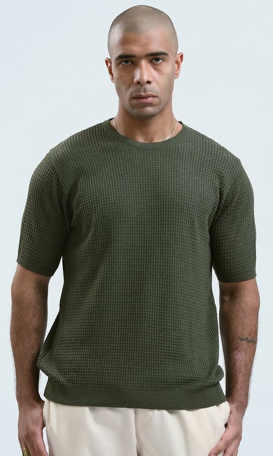 O190390 Round Neck Short Sleeves Knitted Tee - Olive