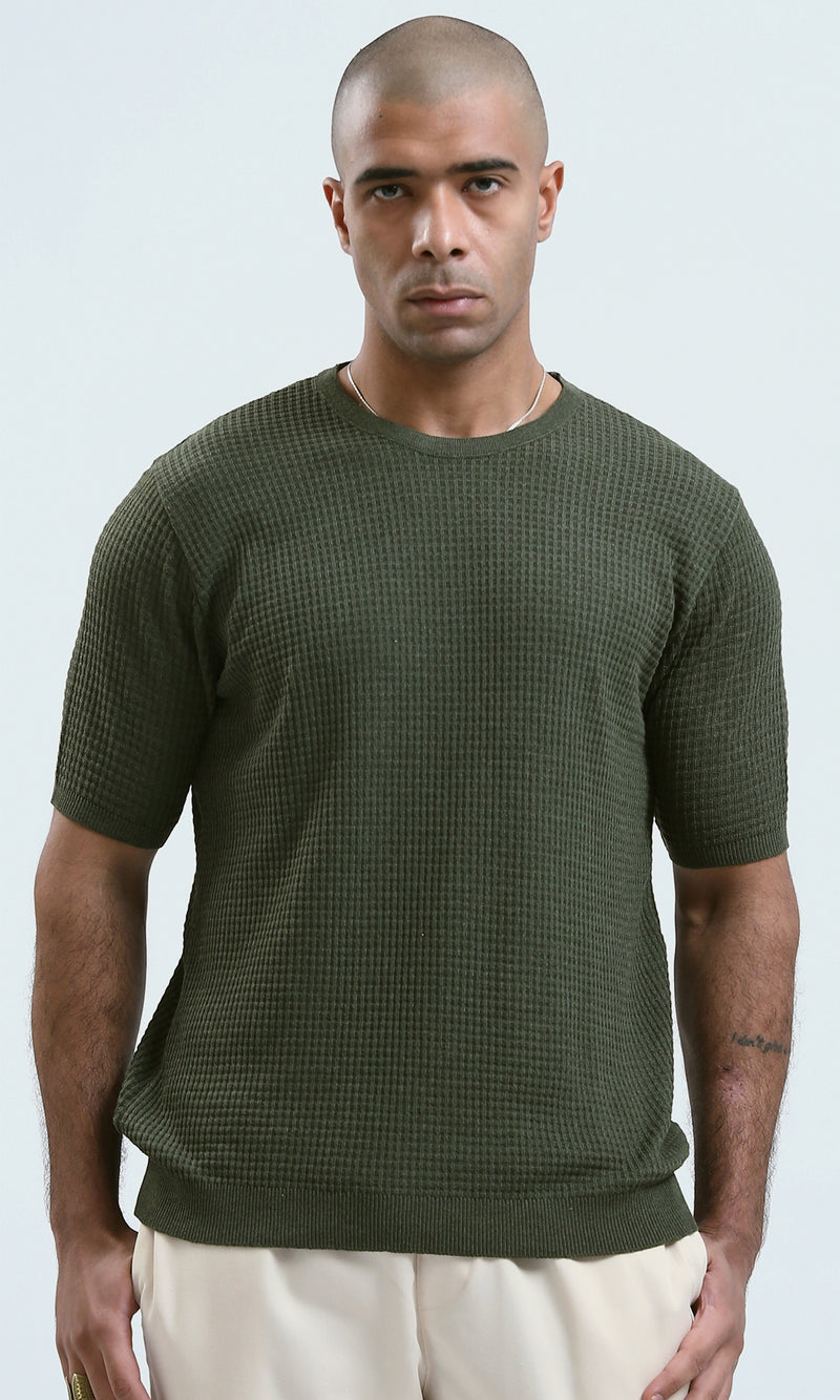 O190390 - Round Neck Short Sleeves Knitted Tee - Olive