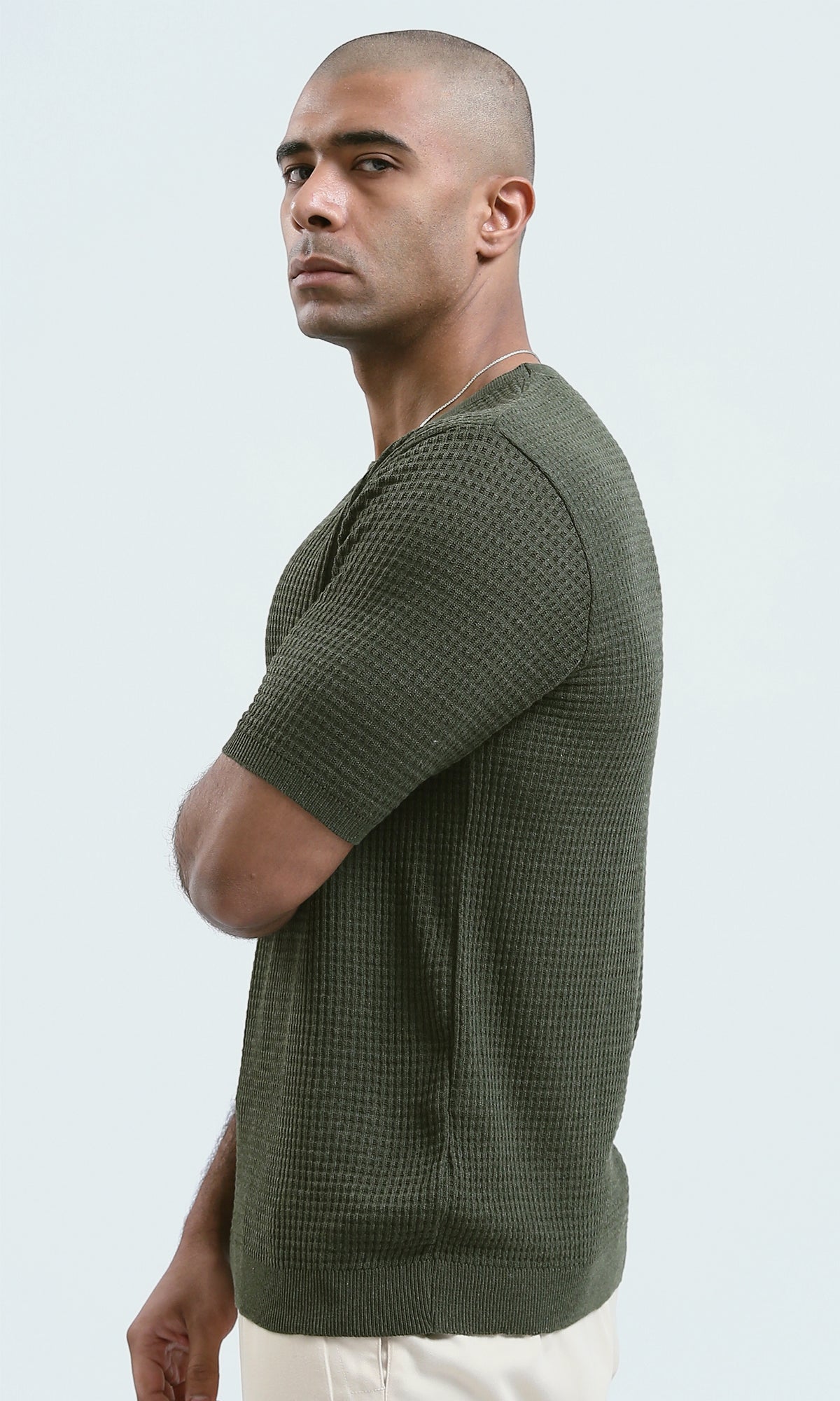 O190390 - Round Neck Short Sleeves Knitted Tee - Olive